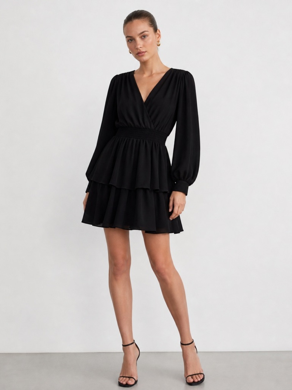 Zara Black Tiered Mini Dress XS | Long Sleeve V-Neck Smocked Waist